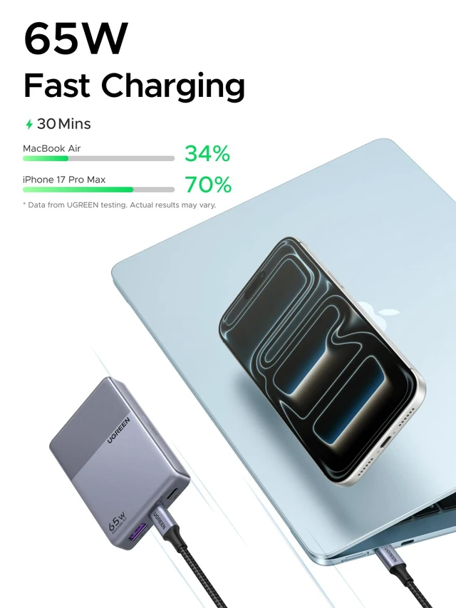 Alt view image 2 of 7 - Nexode Air 65W 3-Port USB C Charger Block, Flat USB Wall Charger | Ultra Slim and Foldable Plug, Power Adapter for MacBook Air/Neo/Pro, iPhone 17/16, Galaxy S26/S25, iPad, Grey