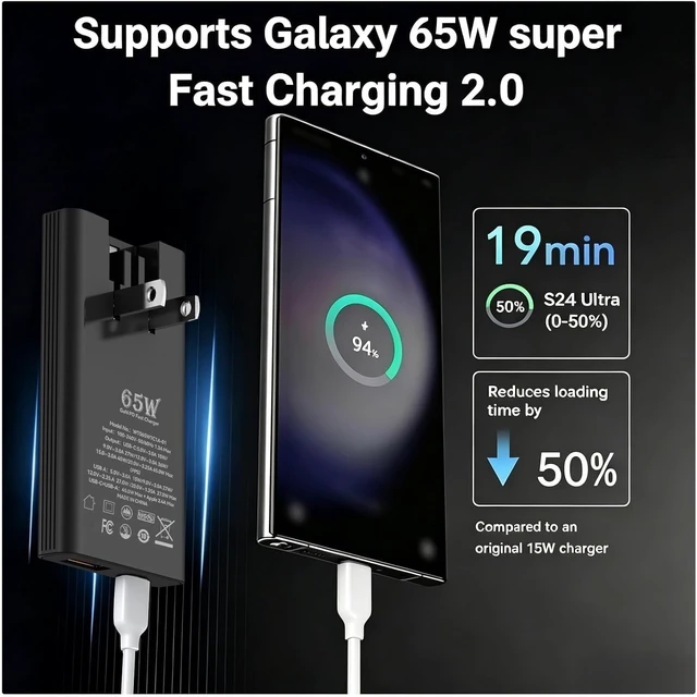 Alt view image 2 of 7 - 65W Ultra Slim USB C Charger, Dual-Port GaN Wall Adapter, Fast Charging for iPhone 16/15 Pro Max, Galaxy, Black