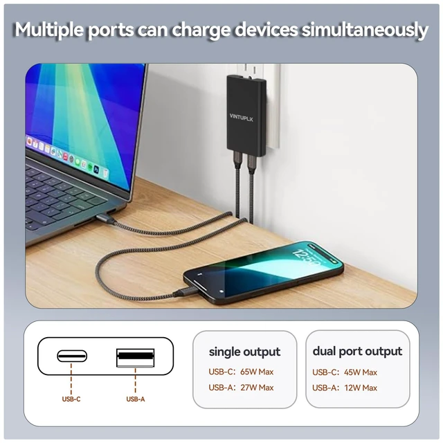 Alt view image 3 of 7 - 65W Ultra Slim USB C Charger, Dual-Port GaN Wall Adapter, Fast Charging for iPhone 16/15 Pro Max, Galaxy, Black