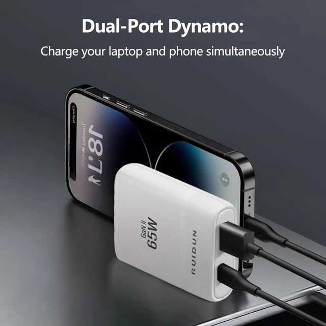 Alt view image 4 of 6 - 65W Flat GaN USB C Charger,Dual-Port Fast Wall Charger,PD 3.0 & QC 4.0,Foldable Plug for MacBook Pro/Air, iPhone 15, iPad Pro, Galaxy S24, Steam Deck & More (White)