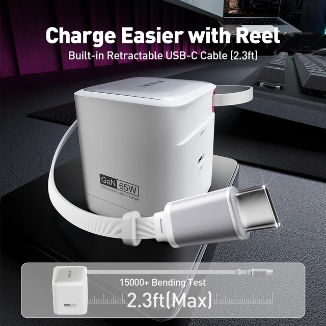 Alt view image 2 of 7 - 65W GaN Charger with Built-in Retractable USB-C Cable, 2 Devices Mini Travel Fast Charging Foldable Wall Charger for MacBook Pro, iPad Pro, Airpods, iPhone 16/15 Pro Max, Galaxy S25/S24 And More