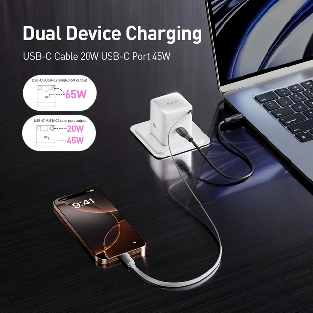 Alt view image 4 of 7 - 65W GaN Charger with Built-in Retractable USB-C Cable, 2 Devices Mini Travel Fast Charging Foldable Wall Charger for MacBook Pro, iPad Pro, Airpods, iPhone 16/15 Pro Max, Galaxy S25/S24 And More