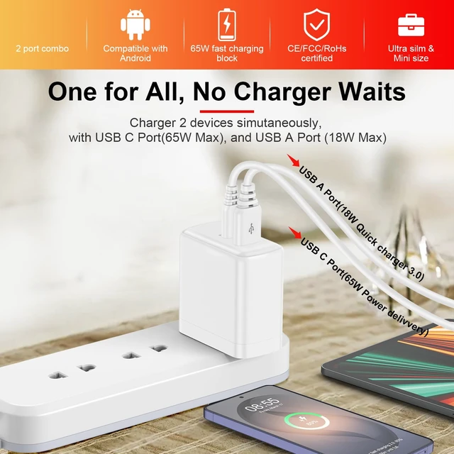 Alt view image 3 of 6 - 65W USB C Charger Block, GaN Wall Charger 2-Port Super Fast Charging Power Adapter for MacBook Pro/Air, Pixelbook, Dell Laptop, DJI, iPad Pro, iPhone, Google Pixel, Moto, Samsung S26 Ultra S25 S24