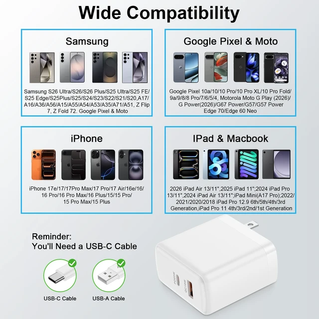 Alt view image 6 of 6 - 65W USB C Charger Block, GaN Wall Charger 2-Port Super Fast Charging Power Adapter for MacBook Pro/Air, Pixelbook, Dell Laptop, DJI, iPad Pro, iPhone, Google Pixel, Moto, Samsung S26 Ultra S25 S24