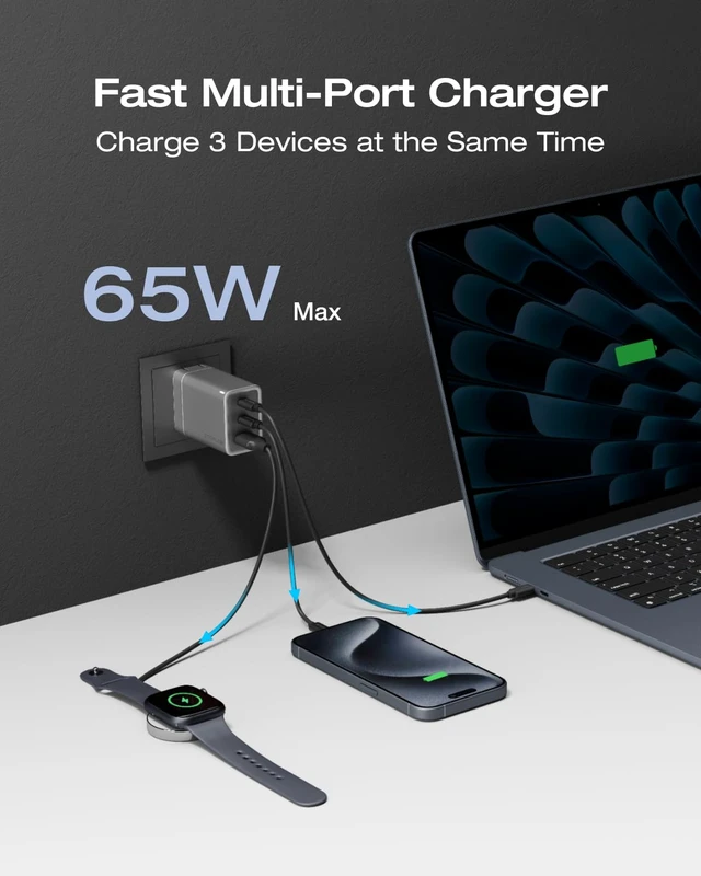Alt view image 2 of 7 - USB C Charger, Rapid 65W GaN Type C Charging Block with Foldable Plug, Fast Wall Charger Compatible with iPhone 15/14/13, Galaxy, Pixel 4, iPad, AirPods, Apple Watch (USBC Cable Included)