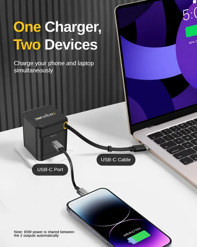 Alt view image 2 of 7 - 65W GaN Retractable USB C Fast Charger Wall Plug with Dual USB-C Ports | Built-in 2.3ft cable, foldable plug for MacBook Air/Pro, iPad, iPhone 17/16, Galaxy S25/S24, Pixel 10 & Laptops