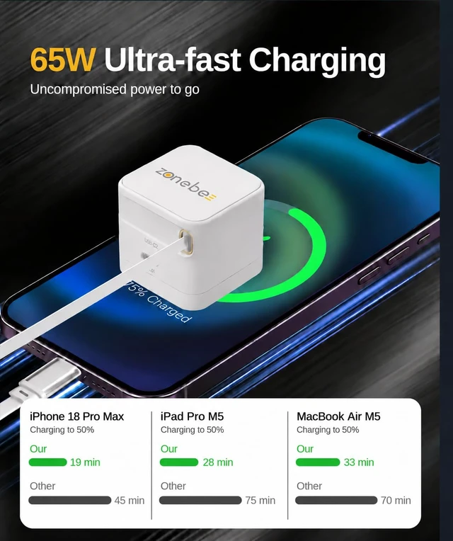 Alt view image 4 of 7 - 65W GaN Retractable USB C Fast Charger Wall Plug with Dual USB-C Ports | Built-in 2.3ft cable, foldable plug for MacBook Air/Pro, iPad, iPhone 17/16, Galaxy S25/S24, Pixel 10 & Laptops