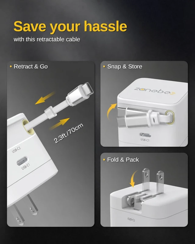 Alt view image 3 of 7 - 65W GaN Retractable USB C Fast Charger Wall Plug with Dual USB-C Ports | Built-in 2.3ft cable, foldable plug for MacBook Air/Pro, iPad, iPhone 17/16, Galaxy S25/S24, Pixel 10 & Laptops