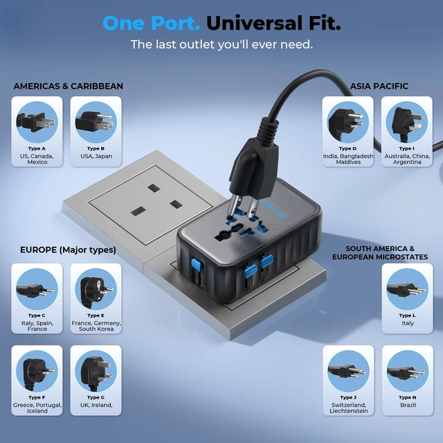 Alt view image 6 of 7 - Aura 70W Ultra-Slim Universal Travel Adapter 6-in-1 for EU/UK/AUS/AS/US | Aura 36mm Thin International Plug, PD Fast Charging for Phone, iPad, Laptop, Worldwide Charger (Midnight Black)