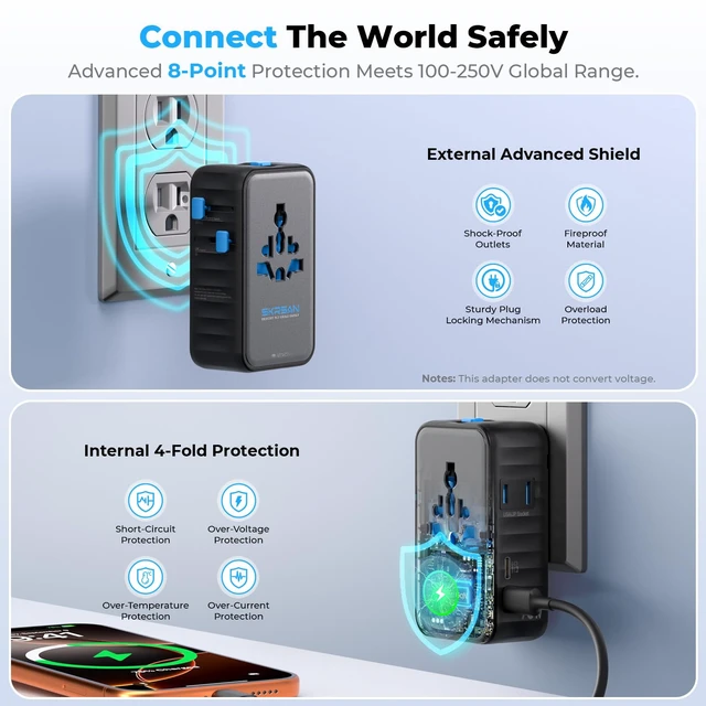 Alt view image 7 of 7 - Aura 70W Ultra-Slim Universal Travel Adapter 6-in-1 for EU/UK/AUS/AS/US | Aura 36mm Thin International Plug, PD Fast Charging for Phone, iPad, Laptop, Worldwide Charger (Midnight Black)