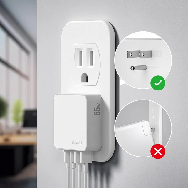 Alt view image 3 of 7 - Flat USB Wall Charger, 65W GaN Fast Charging USB C Charger Block, Dual USB Ports Wall Plug Power Adapter for iPhone 15 Pro Max/iPad Pro and More, White