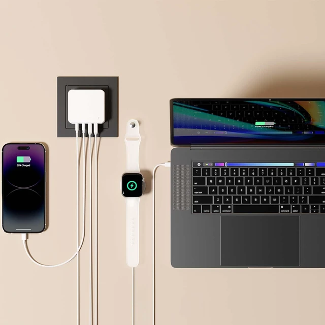 Alt view image 7 of 7 - Flat USB Wall Charger, 65W GaN Fast Charging USB C Charger Block, Dual USB Ports Wall Plug Power Adapter for iPhone 15 Pro Max/iPad Pro and More, White