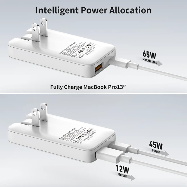 Alt view image 2 of 6 - Ultra Thin 65W USB C Charger, Foldable for Travel, Flat Dual Port with PD 3.0 & GaN Tech for Laptops, MacBook, iPad Pro, iPhone 13/13 Pro, iPad Pro,S22, Galaxy Book, LG Gram, XPS, Pixel