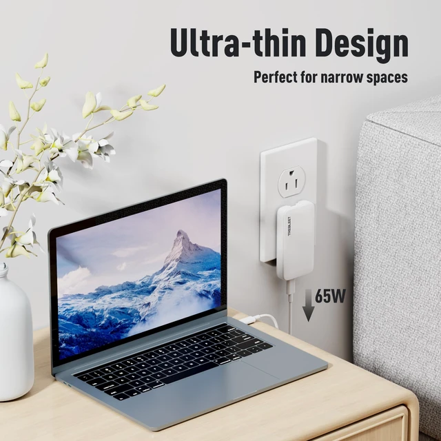 Alt view image 5 of 6 - Ultra Thin 65W USB C Charger, Foldable for Travel, Flat Dual Port with PD 3.0 & GaN Tech for Laptops, MacBook, iPad Pro, iPhone 13/13 Pro, iPad Pro,S22, Galaxy Book, LG Gram, XPS, Pixel