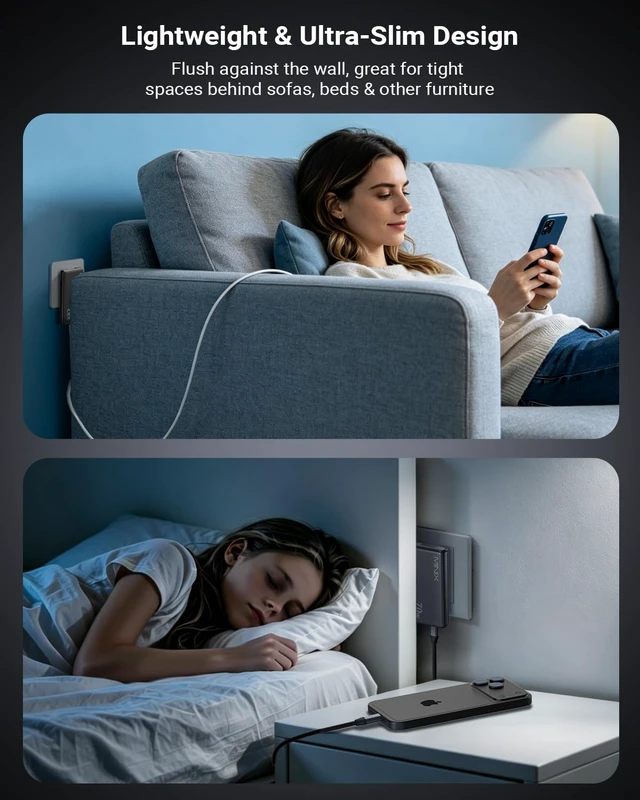 Alt view image 3 of 7 - 70W Flat USB C Wall Charger, Slim Foldable Dual Type C, US/EU/UK Plug | GaN PPS Fast Charging Block for iPhone 18 17 16 15 Pro Max, MacBook Air, iPad Pro, Galaxy S25 S24, Pixel 10, Steam Deck