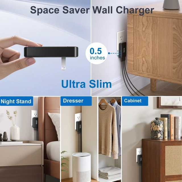 Alt view image 2 of 7 - 2 Pack Slim Flat USB C Wall Charger, 60W Multiport Dual USB-C & USB-A Wall Power Adapter with Foldable Plug Outlet 45W Super Fast Type C Charging Block for Galaxy S26 Ultra S25 A16 A17 A37 A56 iPhone