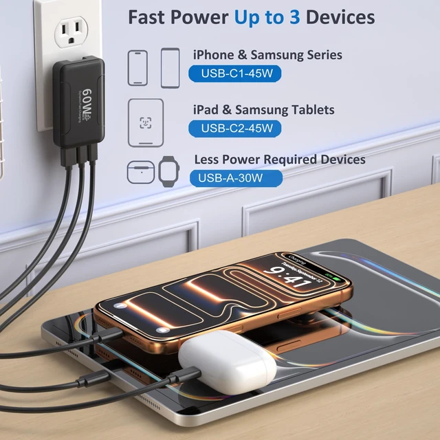 Alt view image 3 of 7 - 2 Pack Slim Flat USB C Wall Charger, 60W Multiport Dual USB-C & USB-A Wall Power Adapter with Foldable Plug Outlet 45W Super Fast Type C Charging Block for Galaxy S26 Ultra S25 A16 A17 A37 A56 iPhone