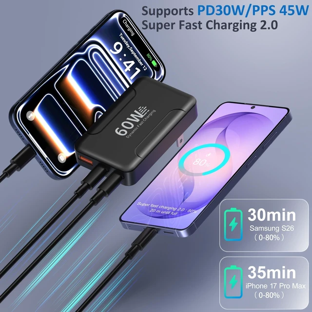 Alt view image 4 of 7 - 2 Pack Slim Flat USB C Wall Charger, 60W Multiport Dual USB-C & USB-A Wall Power Adapter with Foldable Plug Outlet 45W Super Fast Type C Charging Block for Galaxy S26 Ultra S25 A16 A17 A37 A56 iPhone