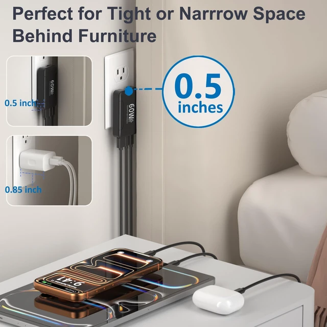 Alt view image 5 of 7 - 2 Pack Slim Flat USB C Wall Charger, 60W Multiport Dual USB-C & USB-A Wall Power Adapter with Foldable Plug Outlet 45W Super Fast Type C Charging Block for Galaxy S26 Ultra S25 A16 A17 A37 A56 iPhone