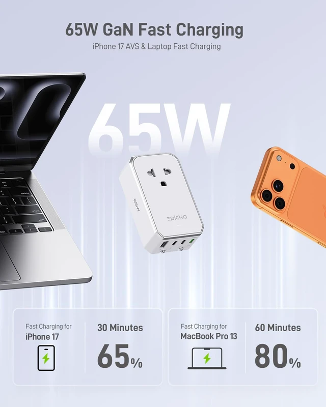 Alt view image 2 of 7 - Air 65W Universal Travel Adapter PD&QC with 1AC/3USB-C/1USB-A | Slim & Compact Size Plug Adapter For US EU UK AU, Supports Fast Charging for Multi-Device, Not A Voltage Converter