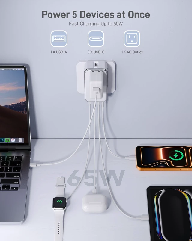 Alt view image 3 of 7 - Air 65W Universal Travel Adapter PD&QC with 1AC/3USB-C/1USB-A | Slim & Compact Size Plug Adapter For US EU UK AU, Supports Fast Charging for Multi-Device, Not A Voltage Converter