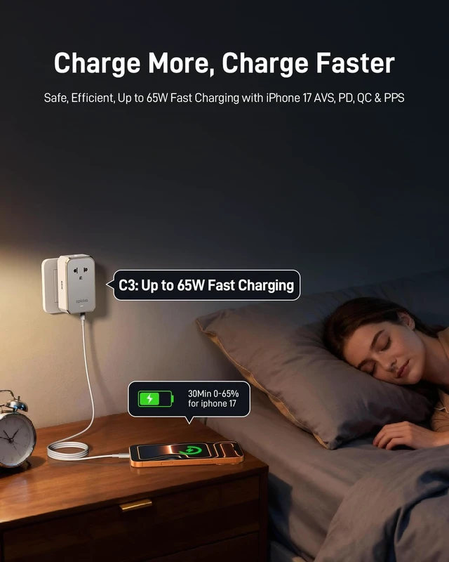 Alt view image 7 of 7 - Air 65W Universal Travel Adapter PD&QC with 1AC/3USB-C/1USB-A | Slim & Compact Size Plug Adapter For US EU UK AU, Supports Fast Charging for Multi-Device, Not A Voltage Converter