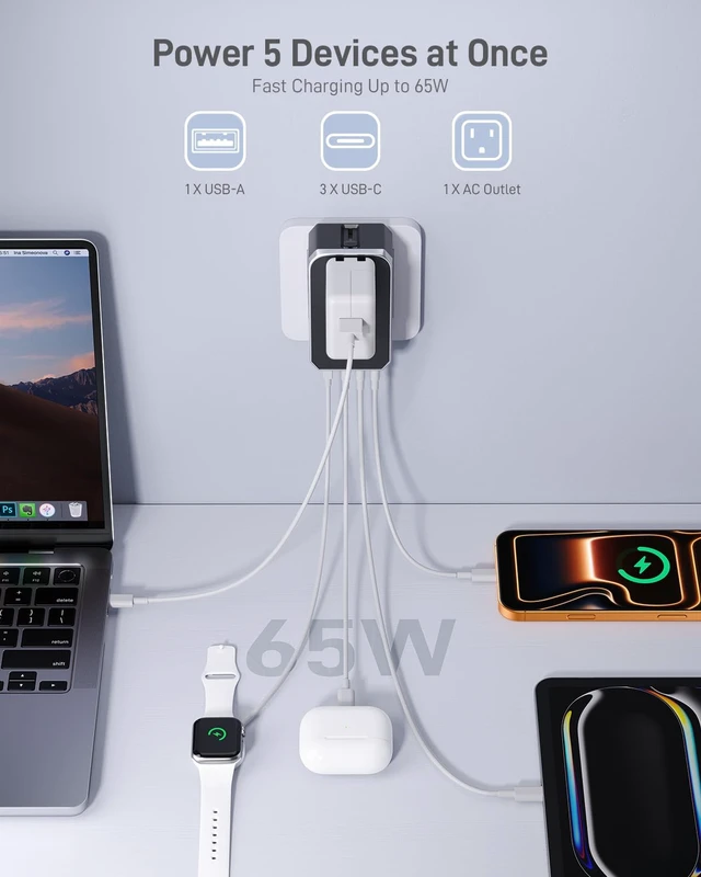 Alt view image 3 of 7 - Air 65W Universal Travel Adapter PD&QC with 1AC/3USB-C/1USB-A | Slim & Compact Size Plug Adapter For US EU UK AU, Supports Fast Charging for Multi-Device, Not A Voltage Converter