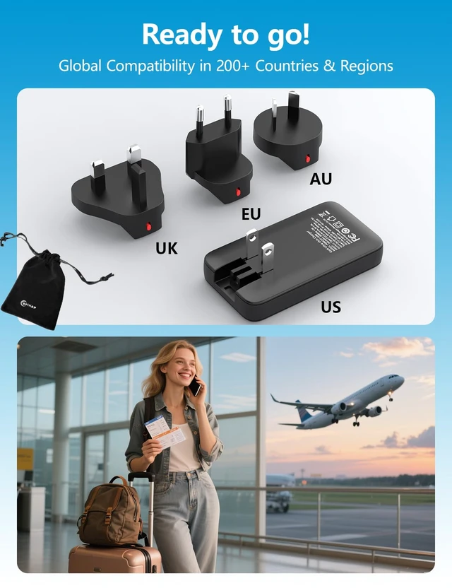 Alt view image 2 of 7 - Ultra-Slim 65W USB C Travel Charger Block, 4-in-1 US UK EU AU USB Adapter | International Travel Essentials for iPhone 17 16 15 14, MacBook, iPad, Galaxy S25 S24 S23, Android Phones, Laptops
