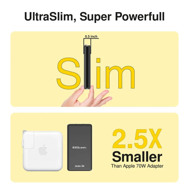 Alt view image 5 of 7 - UltraSlim 70W GaN II Dual USB-C PD Wall Charger - Compact Flat Plug Adapter with Foldable Design, Intelligent Power Allocation & Fast Charging for Laptops & Phones - Black