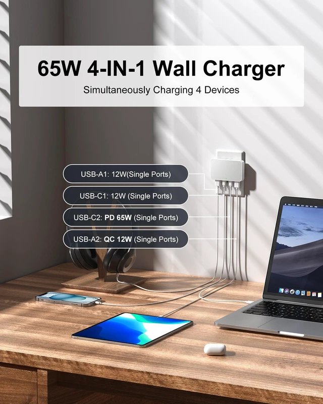 Alt view image 2 of 7 - Flat USB C Charger 65W PD, Foldable Dual USB A& C Charging Block | 2 USB-C & 2 USB-A Slim Wall Charger, Thin GaN Charging Block for MacBook, Laptop, iPhone 15/14/13/12, iPad, Galaxy, White