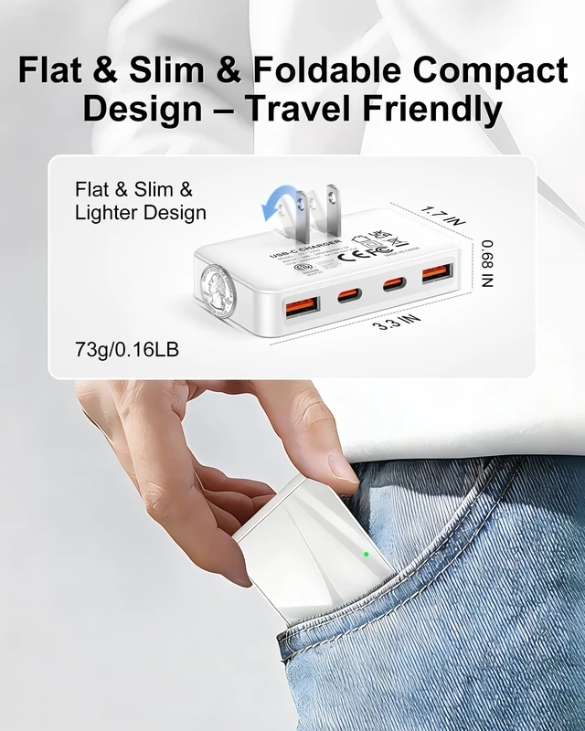 Alt view image 6 of 7 - Flat USB C Charger 65W PD, Foldable Dual USB A& C Charging Block | 2 USB-C & 2 USB-A Slim Wall Charger, Thin GaN Charging Block for MacBook, Laptop, iPhone 15/14/13/12, iPad, Galaxy, White
