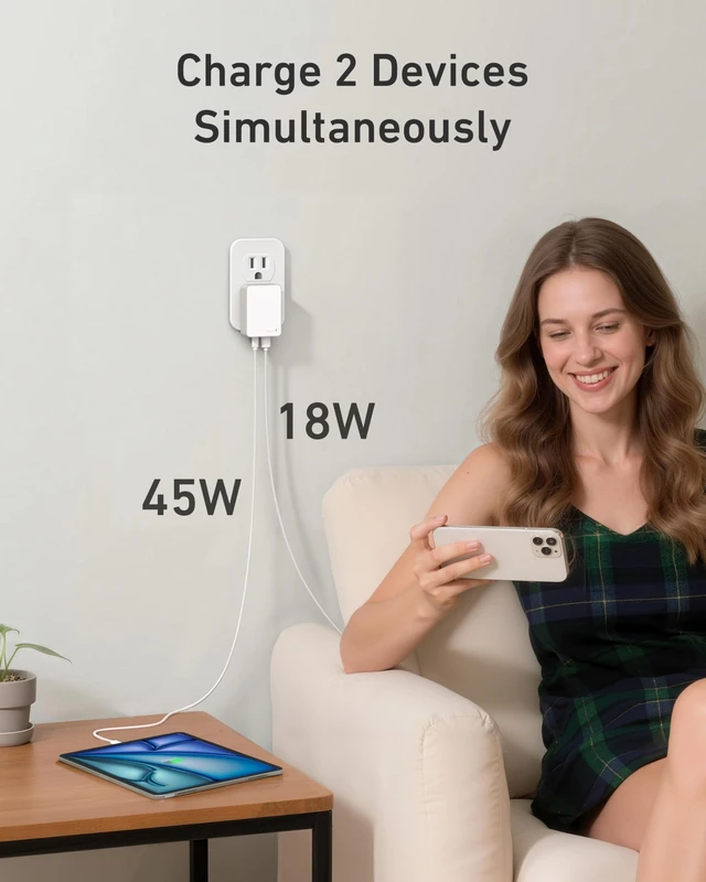 Alt view image 3 of 7 - USB C Charger, 65W Slim Fast Wall Charger Foldable for Travel, Thin Flat Dual Port with PD 3.0 & GaN Tech for Laptops, MacBook, iPad Pro, iPhone 17/17 Pro / 17 Pro Max, Pixel, Galaxy