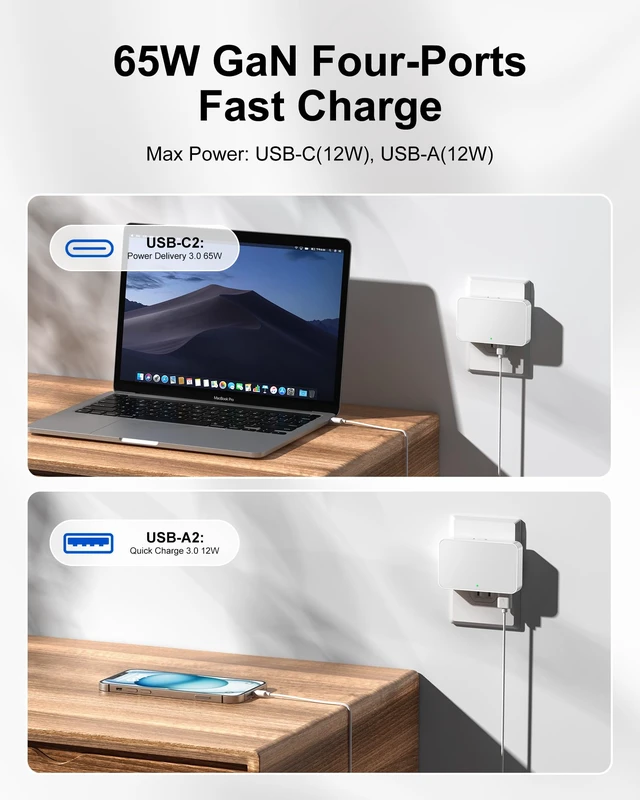 Alt view image 5 of 7 - Flat USB C Charger 65W PD, Foldable Dual USB A& C Charging Block | 2 USB-C & 2 USB-A Slim Wall Charger, Thin GaN Charging Block for MacBook, Laptop, iPhone 15/14/13/12, iPad, Galaxy, White