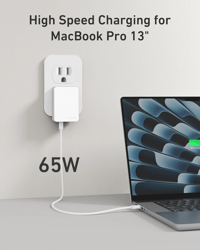 Alt view image 2 of 7 - USB C Charger, 65W Slim Fast Wall Charger Foldable for Travel, Thin Flat Dual Port with PD 3.0 & GaN Tech for Laptops, MacBook, iPad Pro, iPhone 17/17 Pro / 17 Pro Max, Pixel, Galaxy