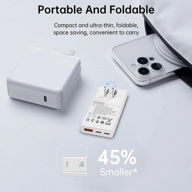 Alt view image 2 of 7 - 65W Flat USB C Wall Charger Block,3-Port Ultra Slim GaN Fast Adapter | 0.59in Ultra-Thin,Super Fast Charging 2.0,65W GaN Charger,Foldable Plug for MacBook Air, iPad Pro, iPhone17 Series, Galaxy