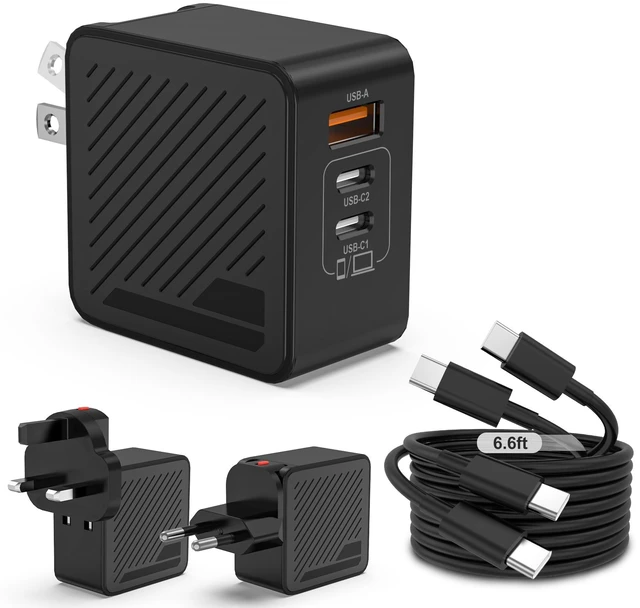 Main image of 65W GaN USB C Travel Charger Adapter, 3 Port Wall Charger with UK EU Plugs | PD Fast Charging Foldable Plug with 2-Pack 6.6ft USB C Cable, for iPhone Duo/18 Pro Max/17/16/15,for Samsung Galaxy S24/S25