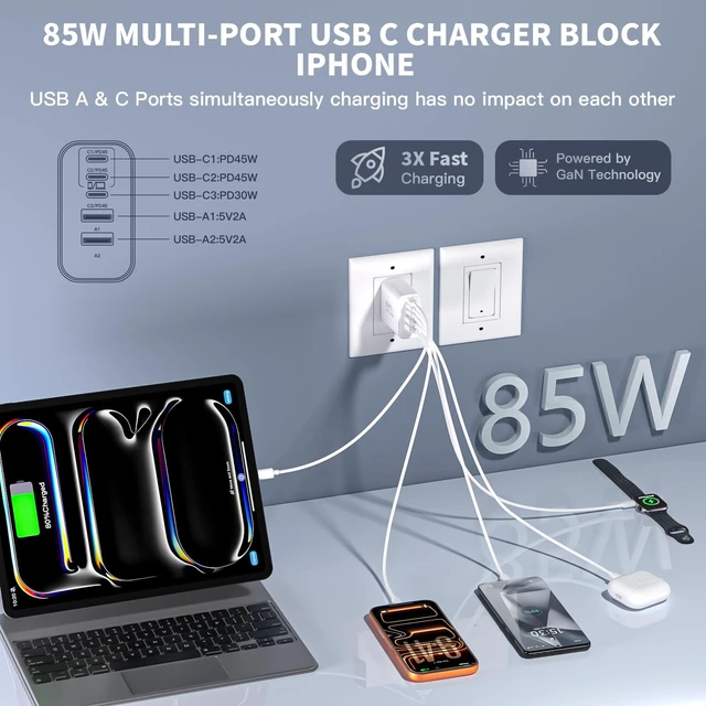 Alt view image 4 of 7 - 85W iPhone Charger Fast Charging 3 Pack Apple Multiport USB C Charger Block | GaN 85W USB iPhone Fast Charging Power Adapter&Wall Plug for iPhone Duo/18 Pro/17/16/15/14/13/12/11/XS,Galaxy S26/S25