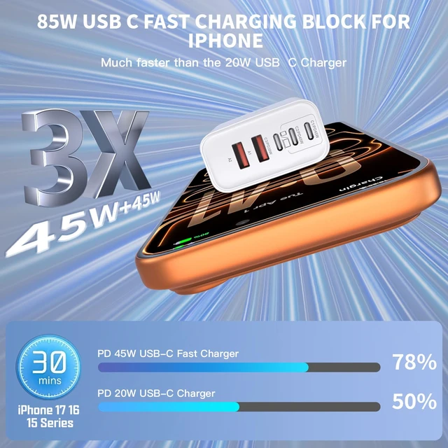 Alt view image 2 of 7 - 85W iPhone Charger Fast Charging 3 Pack Apple Multiport USB C Charger Block | GaN 85W USB iPhone Fast Charging Power Adapter&Wall Plug for iPhone Duo/18 Pro/17/16/15/14/13/12/11/XS,Galaxy S26/S25