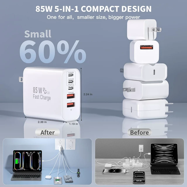 Alt view image 6 of 7 - 85W iPhone Charger Fast Charging 3 Pack Apple Multiport USB C Charger Block | GaN 85W USB iPhone Fast Charging Power Adapter&Wall Plug for iPhone Duo/18 Pro/17/16/15/14/13/12/11/XS,Galaxy S26/S25