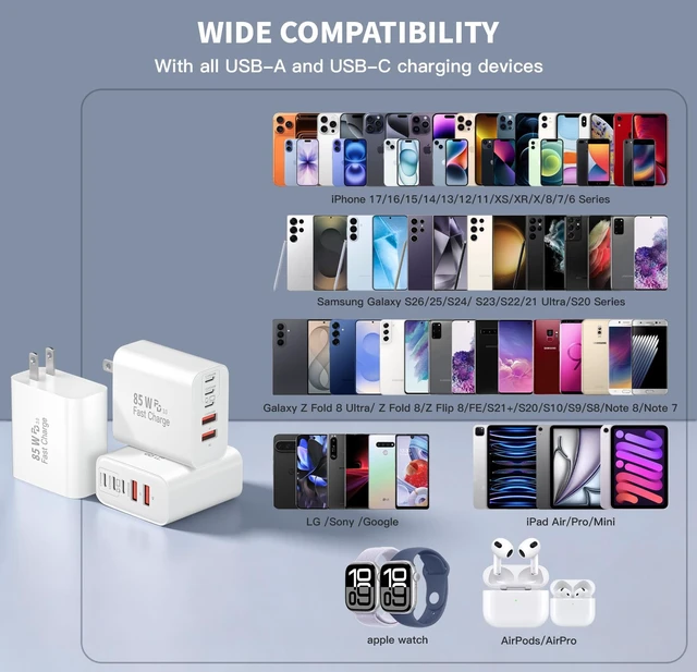Alt view image 3 of 7 - 85W iPhone Charger Fast Charging 3 Pack Apple Multiport USB C Charger Block | GaN 85W USB iPhone Fast Charging Power Adapter&Wall Plug for iPhone Duo/18 Pro/17/16/15/14/13/12/11/XS,Galaxy S26/S25