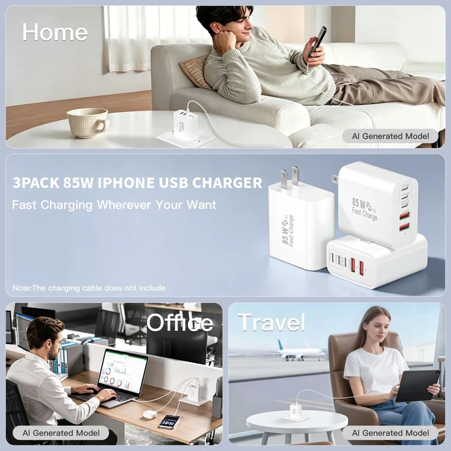 Alt view image 7 of 7 - 85W iPhone Charger Fast Charging 3 Pack Apple Multiport USB C Charger Block | GaN 85W USB iPhone Fast Charging Power Adapter&Wall Plug for iPhone Duo/18 Pro/17/16/15/14/13/12/11/XS,Galaxy S26/S25