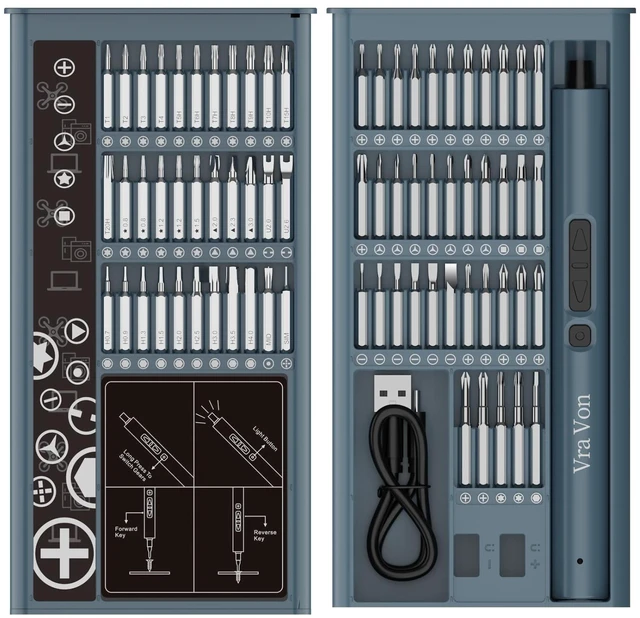 Main image of Mini Electric Screwdriver Set with Sliding Storage Case, 75-in-1 Kit (71 Precision Bits), USB-C Rechargeable Cordless Screwdriver 200 RPM, 0.150.35 N·m Torque, 1/4" Hex, 3-LED Light