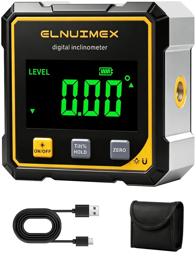 Main image of Electronic Laser Digital Angle Finder, 4×90° Magnetic Angle Gauge | Digital inclinometer for woodworking, table saw and hanging, large backlit display, USB-C, IP54; Class II laser, output <5mW.
