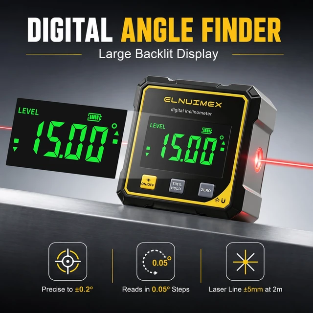 Alt view image 2 of 7 - Electronic Laser Digital Angle Finder, 4×90° Magnetic Angle Gauge | Digital inclinometer for woodworking, table saw and hanging, large backlit display, USB-C, IP54; Class II laser, output <5mW.