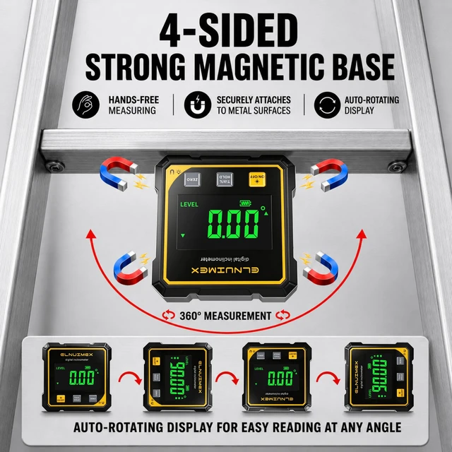 Alt view image 4 of 7 - Electronic Laser Digital Angle Finder, 4×90° Magnetic Angle Gauge | Digital inclinometer for woodworking, table saw and hanging, large backlit display, USB-C, IP54; Class II laser, output <5mW.