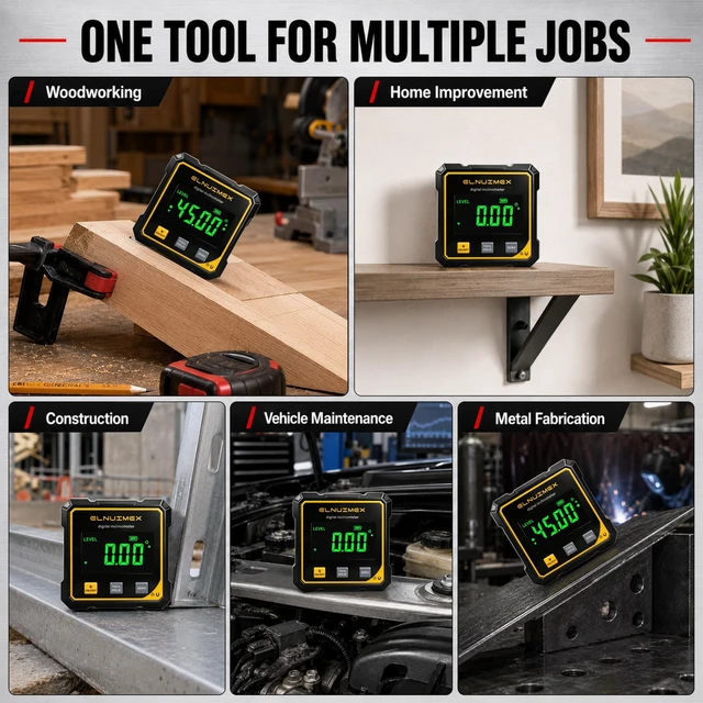 Alt view image 7 of 7 - Electronic Laser Digital Angle Finder, 4×90° Magnetic Angle Gauge | Digital inclinometer for woodworking, table saw and hanging, large backlit display, USB-C, IP54; Class II laser, output <5mW.