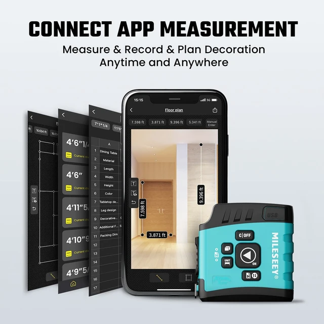 Alt view image 2 of 7 - DT20 Laser Tape Measure with APP, 3-in-1 Digital Measuring Tape Rechargeable, 130FT Laser Distance Meter, 16FT Digital Tape Measure Waterproof, Area/Volume/Measuring/Pythagorean Mode
