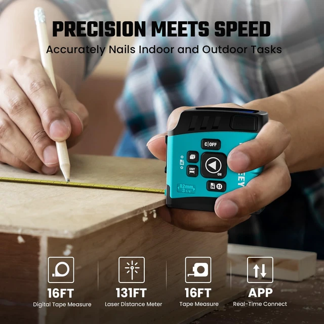 Alt view image 5 of 7 - DT20 Laser Tape Measure with APP, 3-in-1 Digital Measuring Tape Rechargeable, 130FT Laser Distance Meter, 16FT Digital Tape Measure Waterproof, Area/Volume/Measuring/Pythagorean Mode
