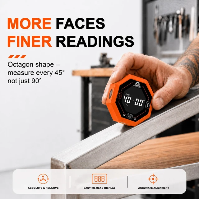 Alt view image 3 of 7 - Digital Angle Finder with Laser, 4-Laser Octagonal Magnetic Angle Gauge | Digital Level with Laser, Magnetic Laser Level, Digital Angle Finder with Laser for Woodworking Table Saw Miter DIY Backlight