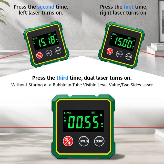 Alt view image 2 of 7 - 4*90° Digital Level Laser Inclinometer with 4-Side Magnetic | Backlit LCD Display Absolute & Relative Measurement, Magnetic Angle Tool for Table Saw, Carpentry and Home DIY Projects